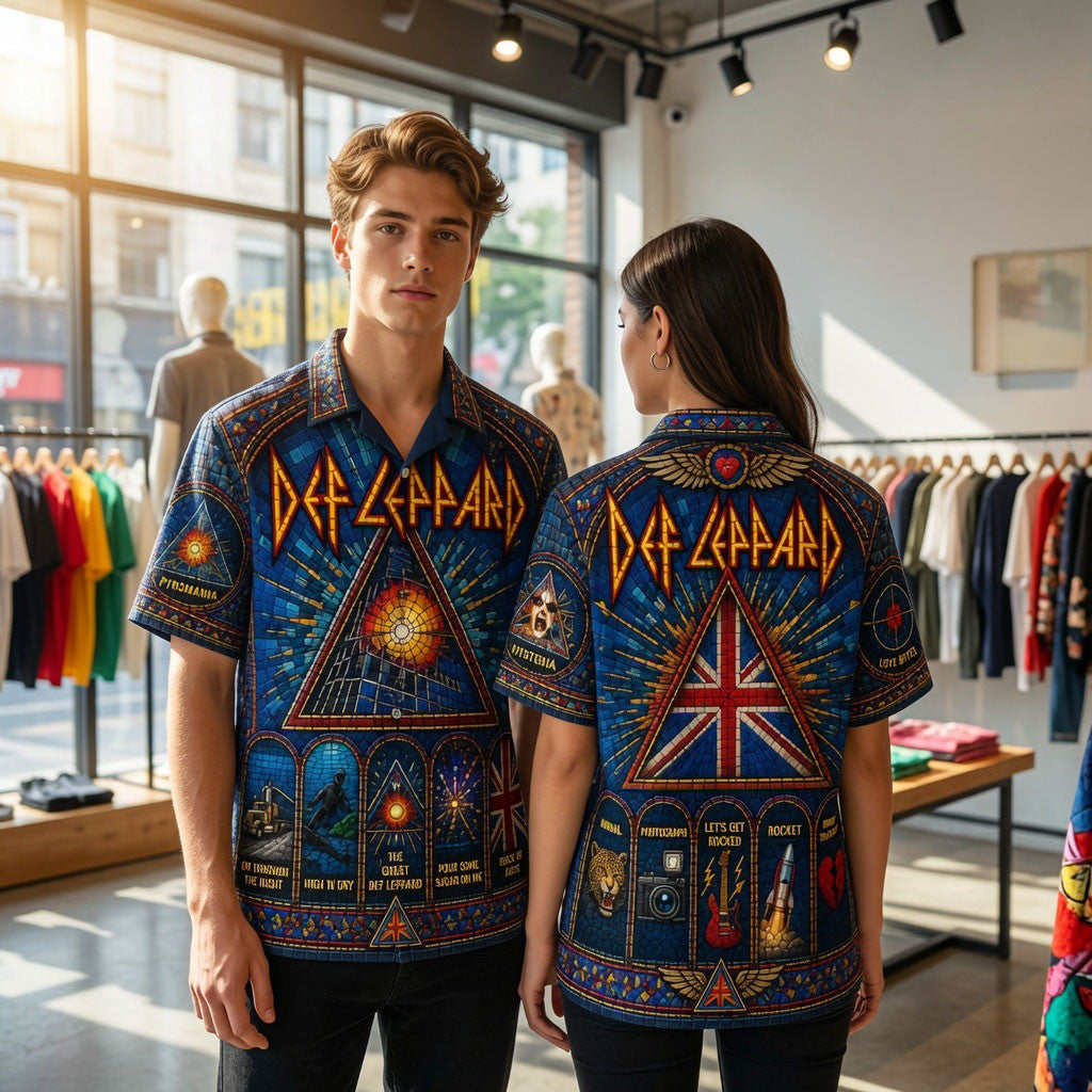 Def Leppard Stained Glass Hysteria Pyromania Rock Band Hawaiian Shirt Def Leppard Merch 2026 - Merchluma