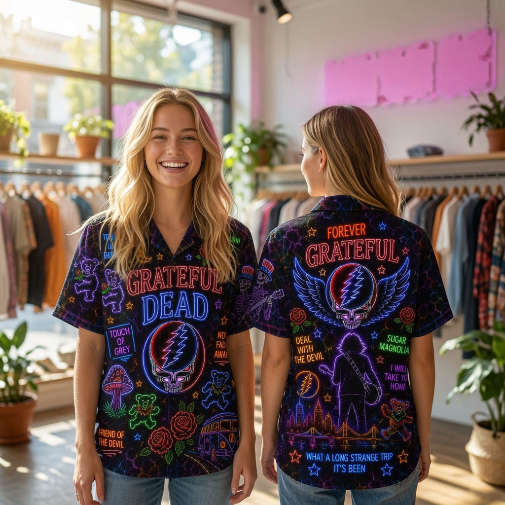 Grateful Dead Neon Steal Your Face Dancing Bears Hawaiian Shirt Grateful Dead Merch Fan Gifts - Merchluma