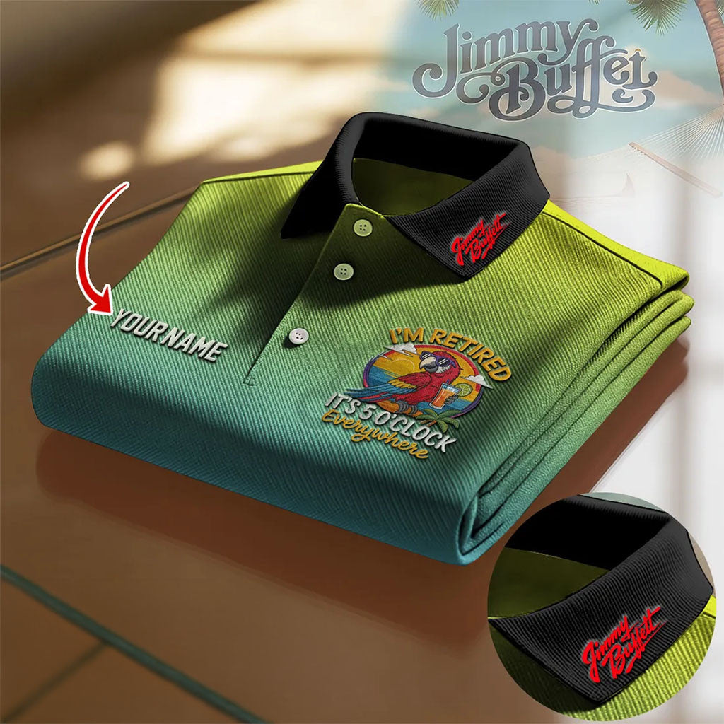 Personalized Jimmy Buffett Parrot Polo Shirt I'm Retired It's 5 O'Clock Everywhere Fan Merch - Merchluma