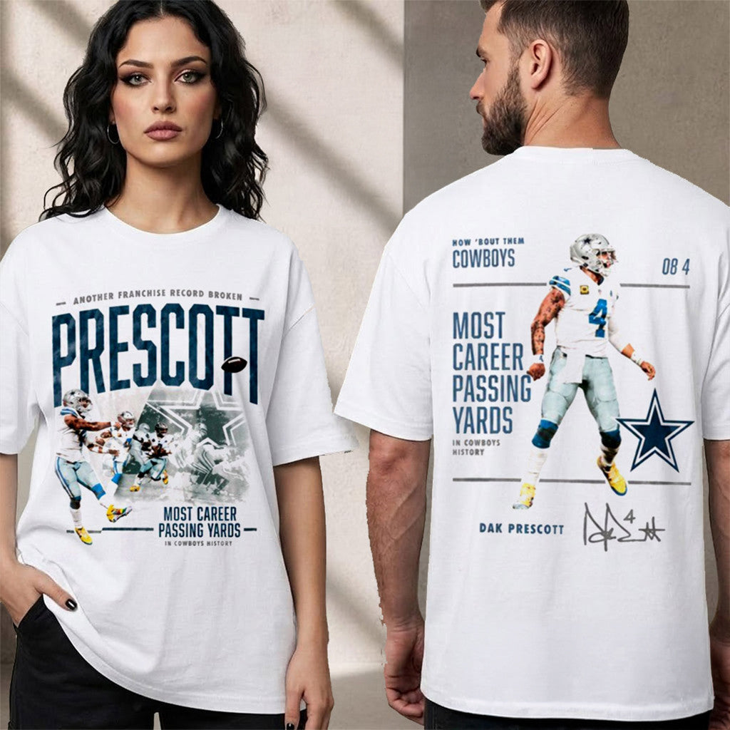 Dak Prescott Dallas Cowboys Celebrating QB1 Most Career Passing Yards T-Shirt Cowboys Merch - Merchluma
