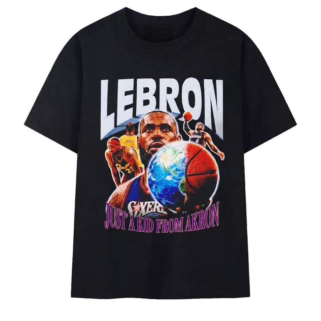 Lebron James Philadelphia 76ers Just A Kid From Akron T-Shirt Lebron James Merch Fan Gifts - Merchluma