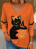 Black Cat Orange Bow Bat Icons V-Neck Long Sleeve Shirt Cute Halloween Merch Gift For Cat Lovers - Merchluma