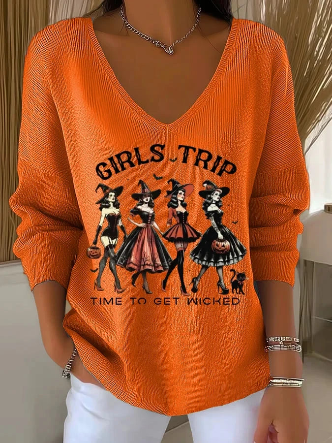 Girls Trip Witches Time To Get Wicked V-Neck Long Sleeve Shirt Halloween Clothing Gift - Merchluma