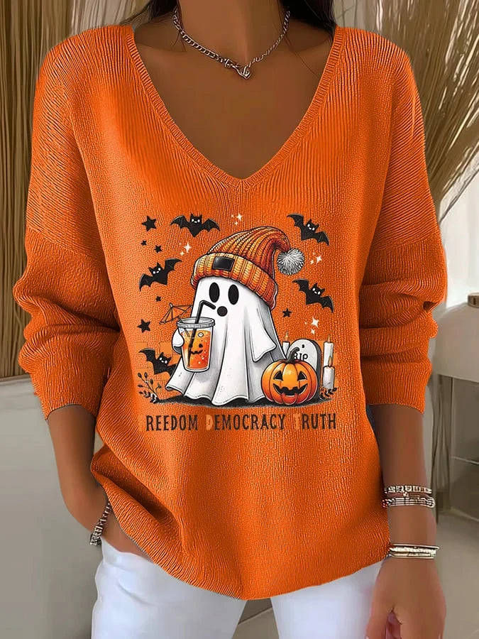 Halloween FDT Ghost Freedom Democracy Truth V-Neck Long Sleeve Shirt Halloween Clothing Gift F - Merchluma