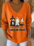 Halloween Trick Or Treat V-Neck Long Sleeve Shirt Halloween Merch Gift Ideas For Her - Merchluma