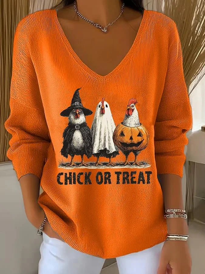 Halloween Trick Or Treat V-Neck Long Sleeve Shirt Halloween Merch Gift Ideas For Her - Merchluma