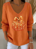 Pumpkin Sequins V-Neck Long Sleeve Shirt Target Halloween Clothing Gift For Trendy Women - Merchluma