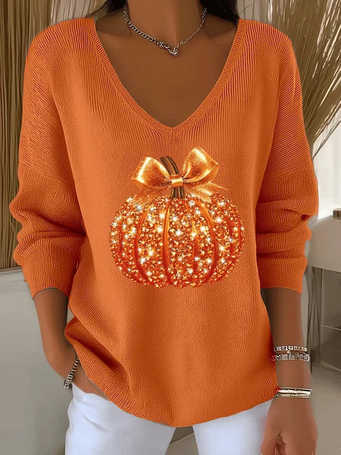 Pumpkin Sequins V-Neck Long Sleeve Shirt Target Halloween Clothing Gift For Trendy Women - Merchluma
