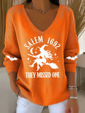 Salem 1692 Flying Witch Silhouette V-Neck Long Sleeve Shirt Halloween Clothing Gift For Fans - Merchluma