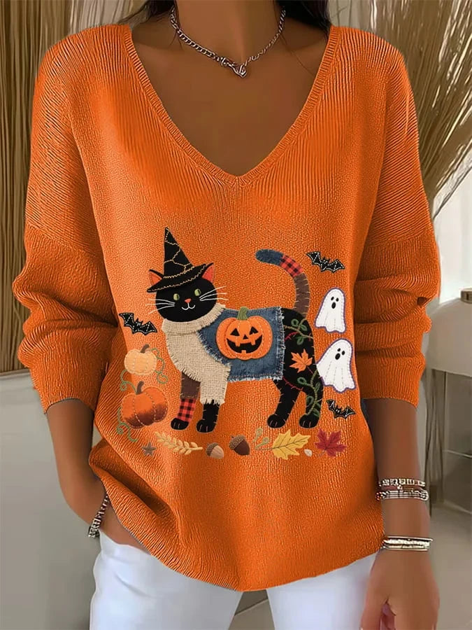 Spooky Black Cat Ghost Pumpkin V-Neck Long Sleeve Shirt Halloween Clothing Gift For Her - Merchluma