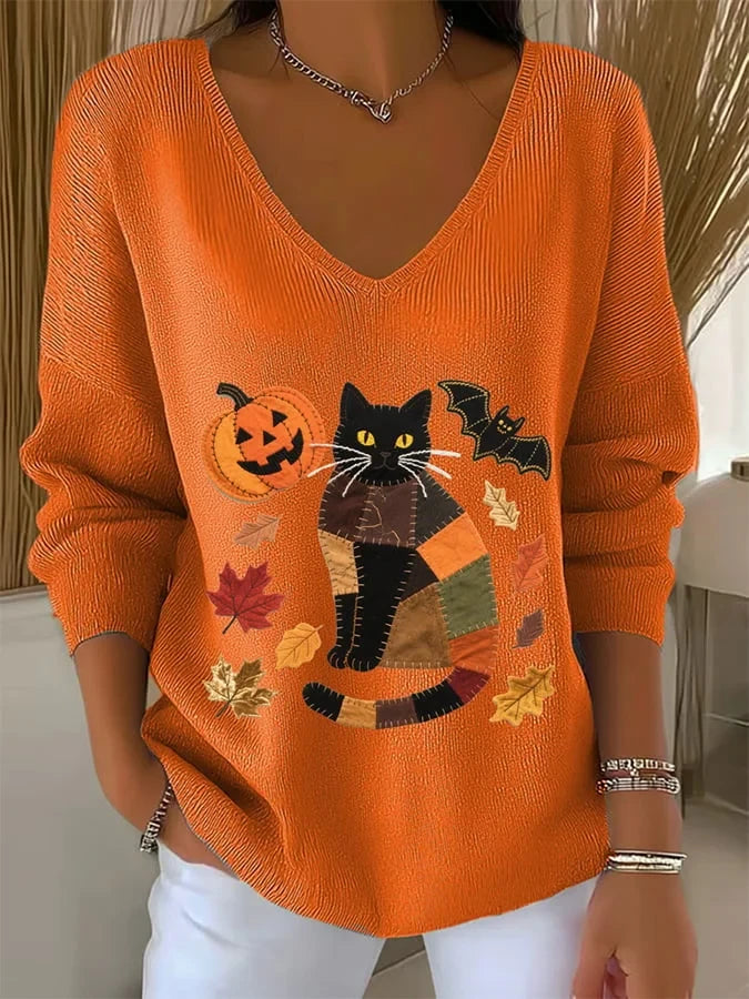 Spooky Black Cat Ghost Pumpkin V-Neck Long Sleeve Shirt Halloween Merch Gift For Spooky Season - Merchluma