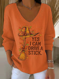Yes I Can Drive A Stick V-Neck Long Sleeve Shirt Funny Halloween Clothing Gift - Merchluma