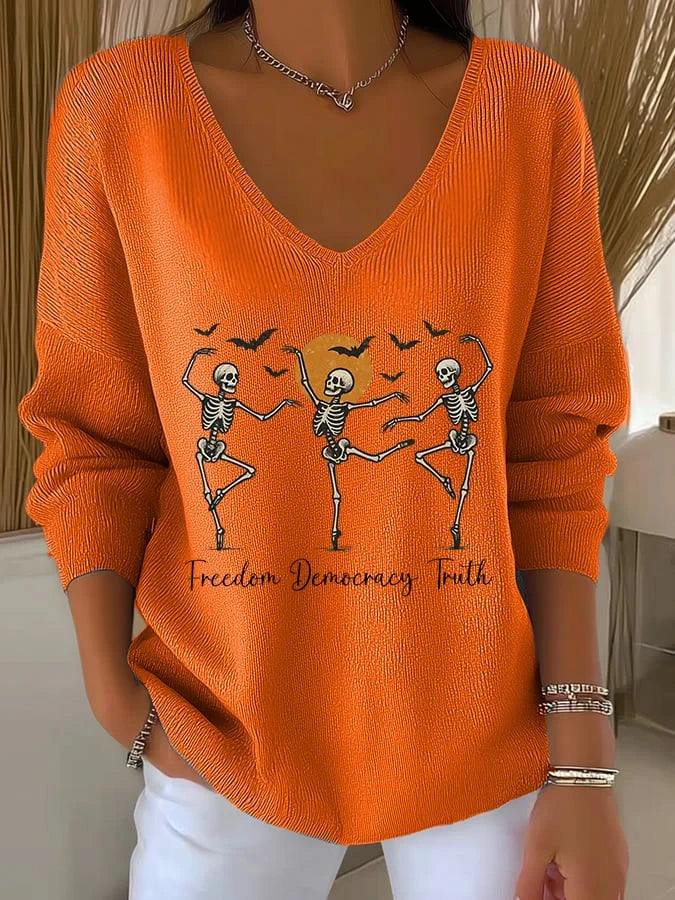 Halloween FDT Skeletons Freedom Democracy Truth V-Neck Long Sleeve Shirt Dancing Skeletons Merch - Merchluma