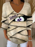 Boo Spooky Mummy Eyes V-Neck Long Sleeve Shirt Target Halloween Clothing Gift For Her - Merchluma