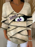 Halloween Peek Monster V-Neck Long Shirt Cute Halloween T Shirts Gift For Her - Merchluma