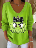 Halloween Ghost Face V-Neck Long Sleeve Shirt Cute Green Pumpkin Face Bow Merch Unique Gift - Merchluma