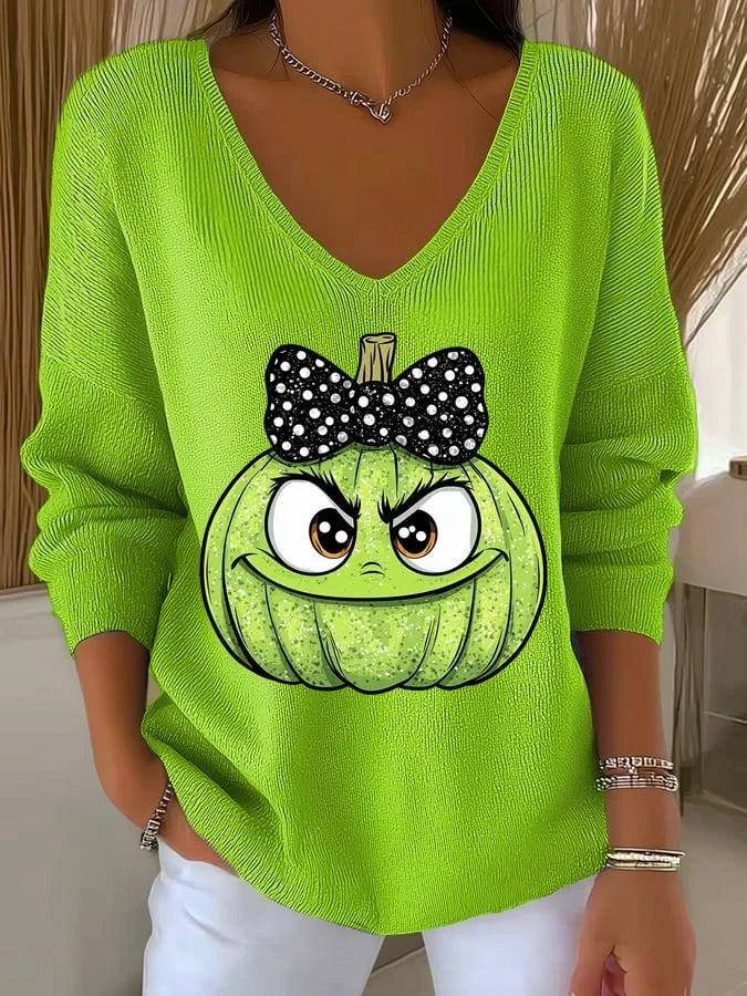 Halloween Ghost Face V-Neck Long Sleeve Shirt Cute Green Pumpkin Face Bow Merch Unique Gift - Merchluma