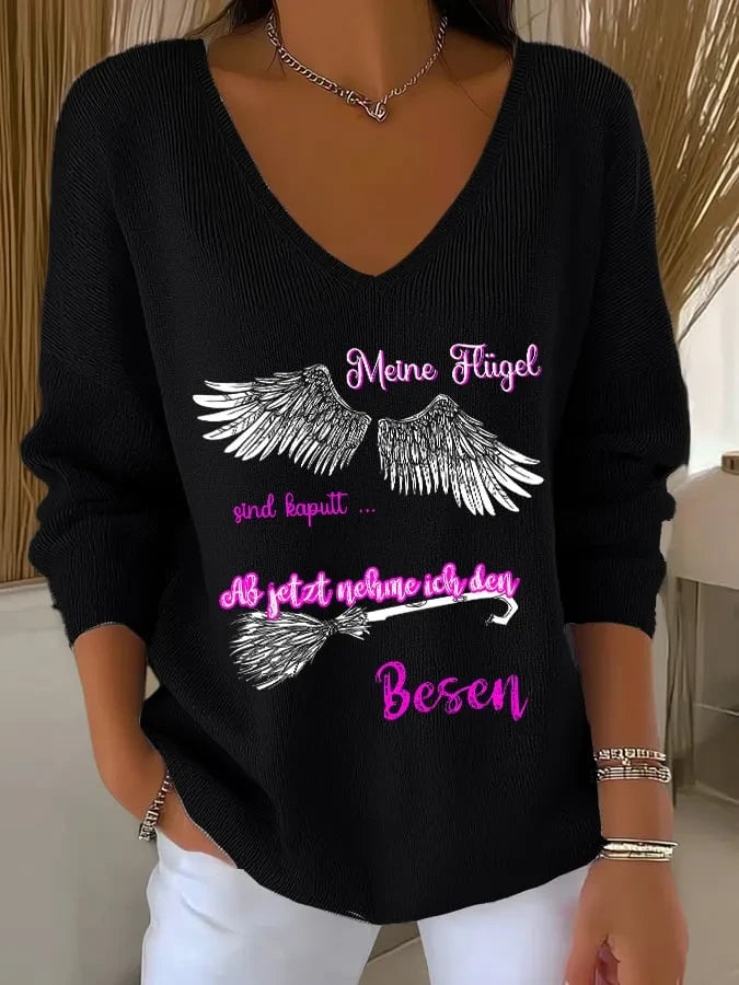 Meine Flugel Sind Kaputt Ab Jetzt Nehme Ich Den Besen V-Neck Long Sleeve Shirt Halloween Merch - Merchluma