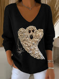 Sparkle Ghost Pearl Beads V-Neck Long Shirt Cute Halloween Shirts Gift For Trendy Women - Merchluma