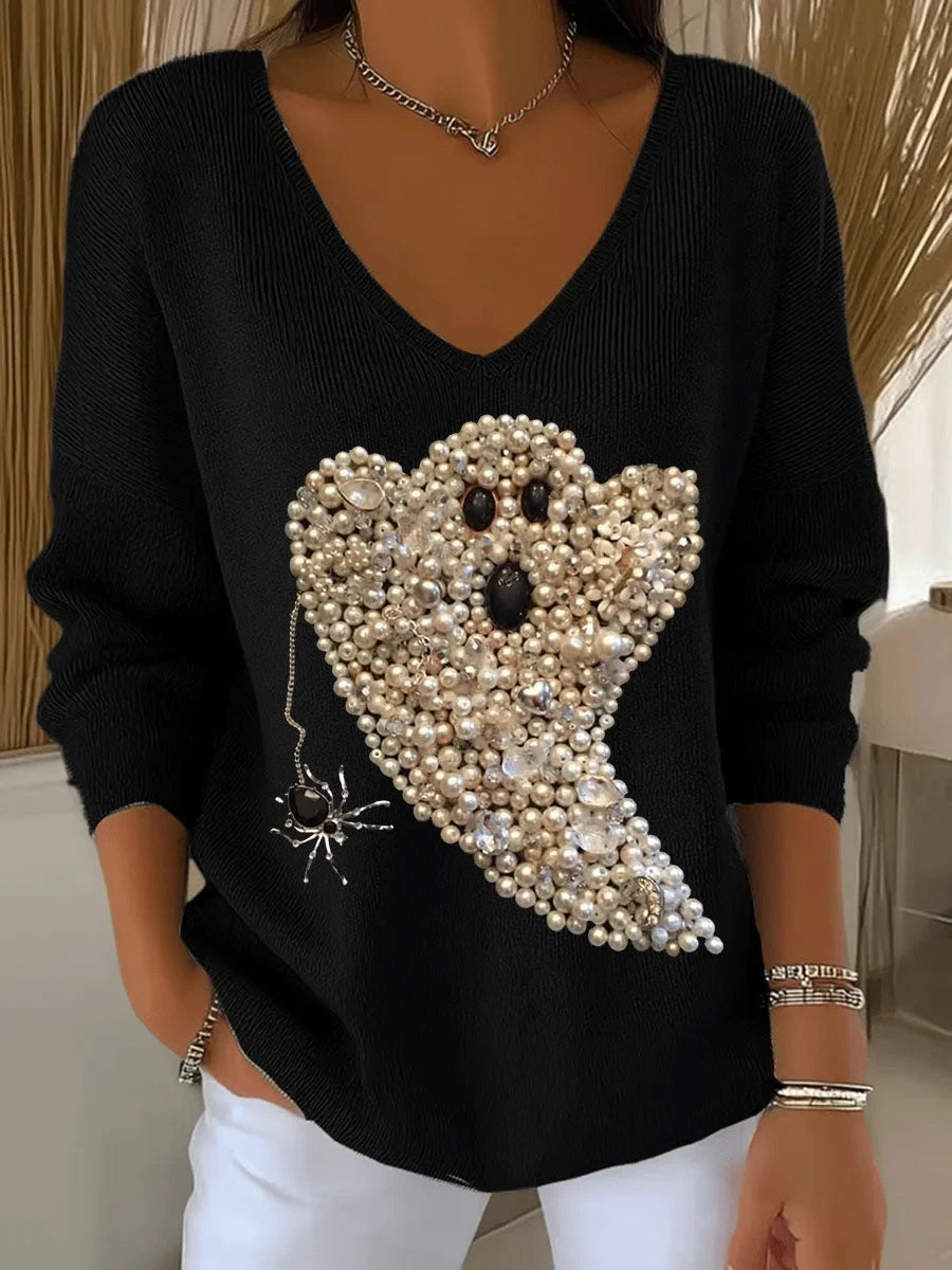 Sparkle Ghost Pearl Beads V-Neck Long Shirt Cute Halloween Shirts Gift For Trendy Women - Merchluma
