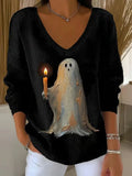 Spooky Ghost Holding Candle Light V-Neck Long Sleeve Shirt Horror Themed Clothing Gift For Her - Merchluma