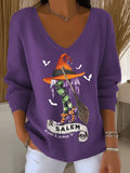 Witch Flying Spooky V-Neck Long Sleeve Shirt Halloween Clothing Gift For Her - Merchluma