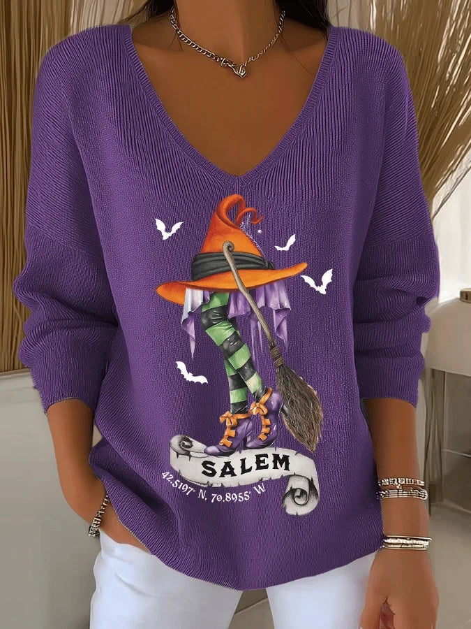 Witch Flying Spooky V-Neck Long Sleeve Shirt Halloween Clothing Gift For Her - Merchluma