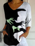 Halloween Witch Crop Sleeve V-Neck T-Shirt Halloween Apparel Women's Horror Clothing - Merchluma