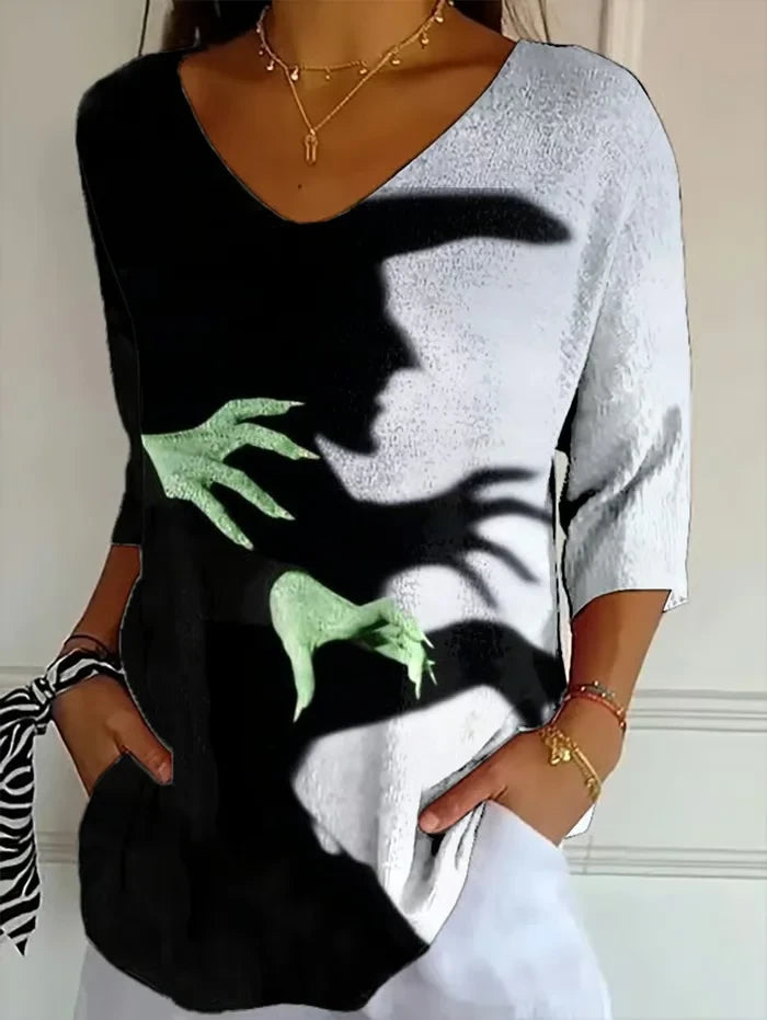Halloween Witch Crop Sleeve V-Neck T-Shirt Halloween Apparel Women's Horror Clothing - Merchluma