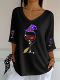 Halloween Witch Red Wine Glass Crop Sleeve V-Neck T-Shirt Halloween Clothes Gifts For Her - Merchluma