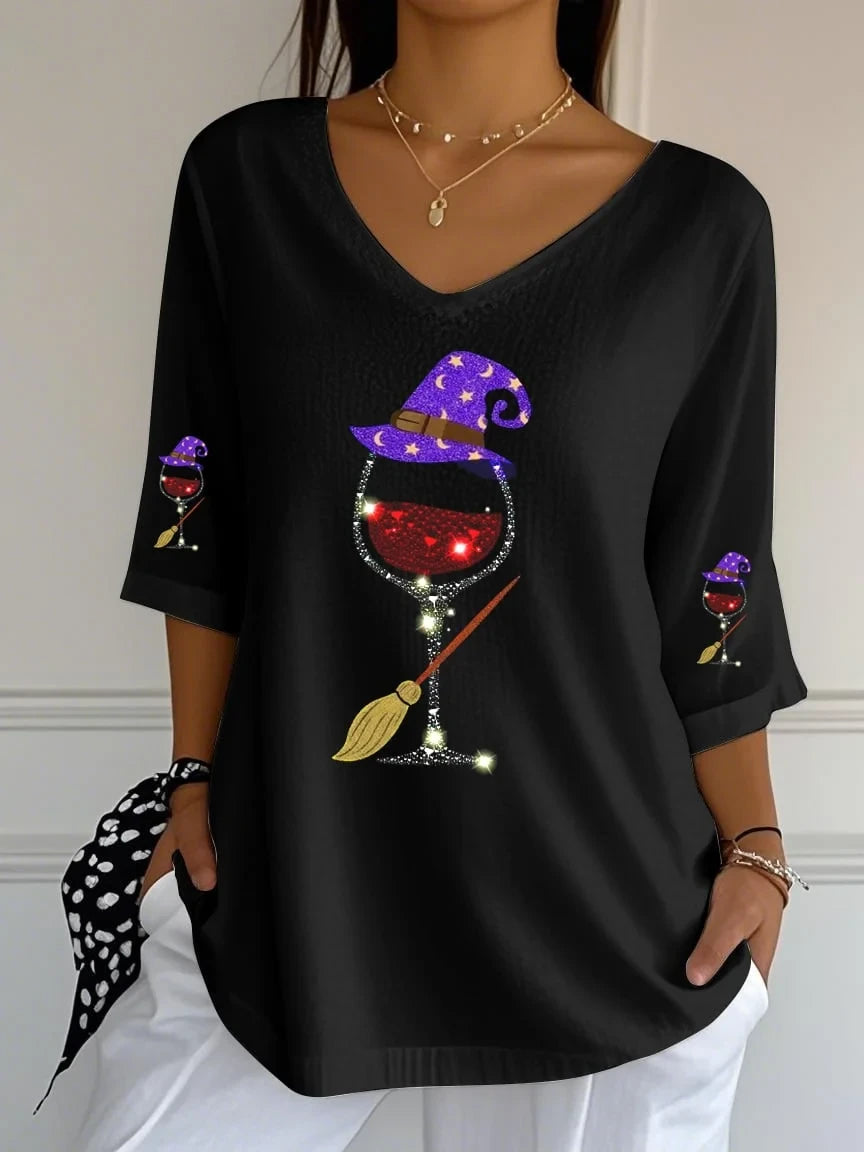 Halloween Witch Red Wine Glass Crop Sleeve V-Neck T-Shirt Halloween Clothes Gifts For Her - Merchluma
