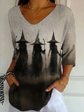 Three Witches Spooky Silhouette V-Neck Long Shirt Halloween Tees Womens Gift For Women - Merchluma