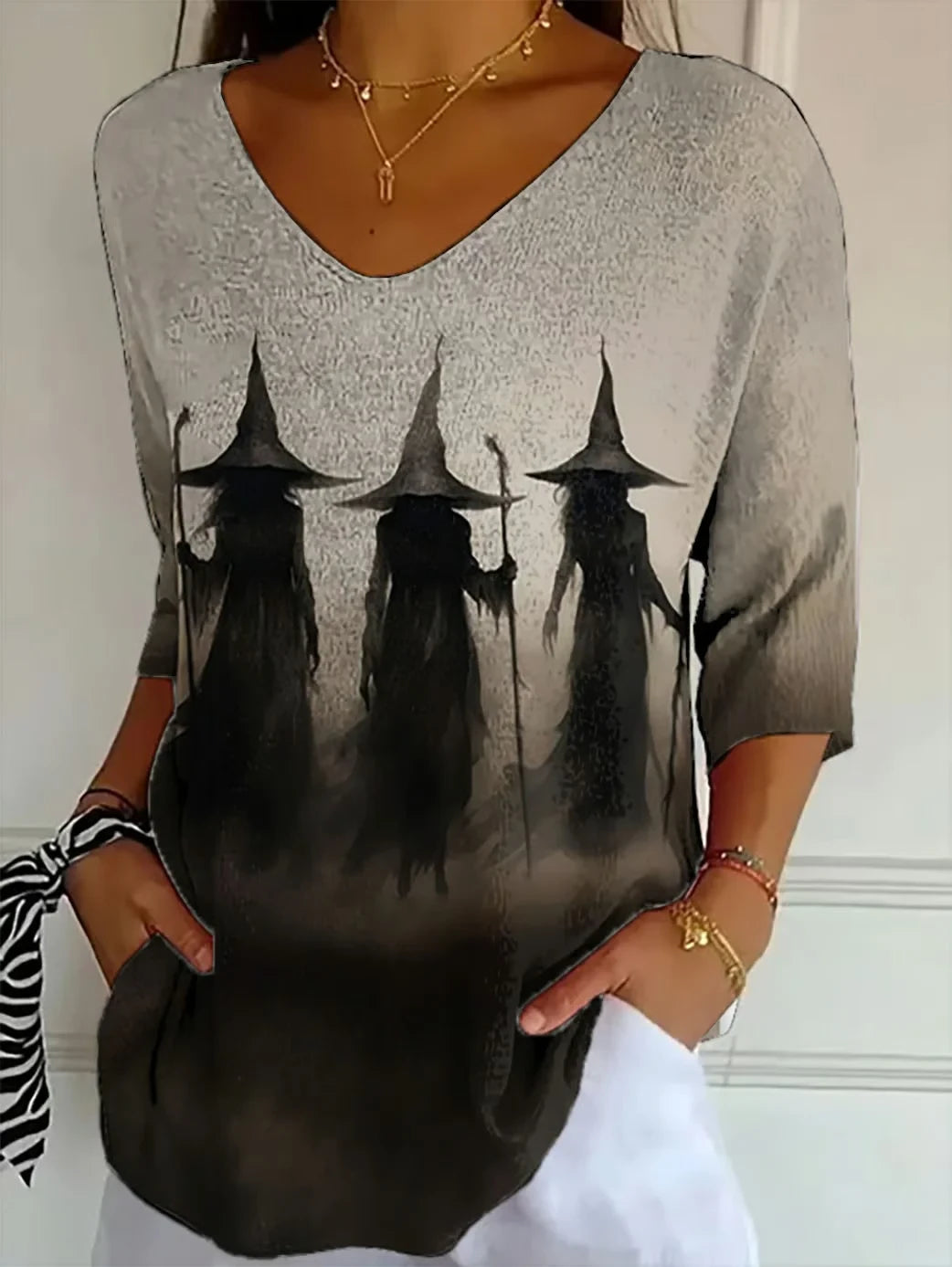 Three Witches Spooky Silhouette V-Neck Long Shirt Halloween Tees Womens Gift For Women - Merchluma