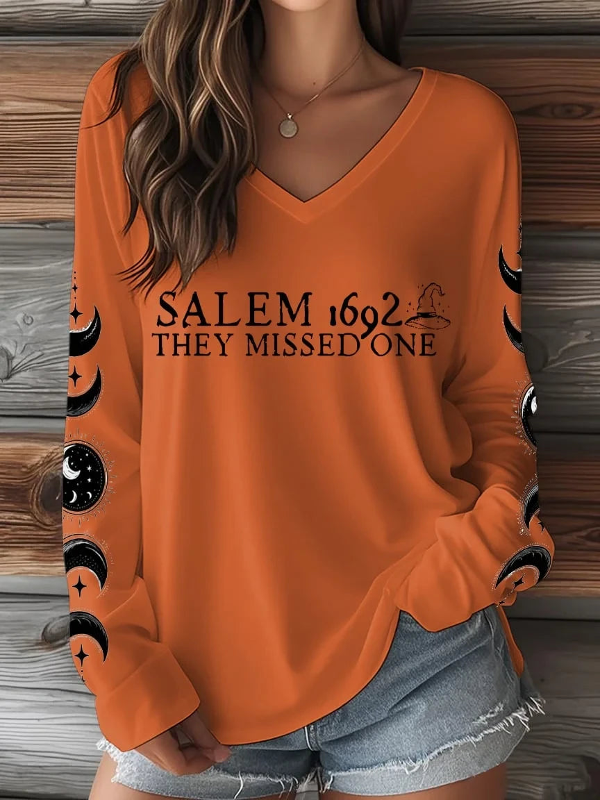 Salem 1692 They Missed One V-Neck Long Sleeve Shirt Halloween Clothing Gift For Salem Fans - Merchluma