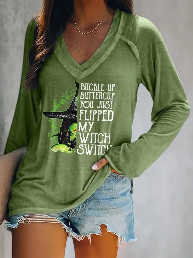 Buckle Up Buttercup You Just Flipped My Witch Switch V-Neck Long Shirt Halloween Shirts Gift - Merchluma