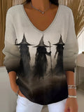 Three Witches Silhouette Spooky V-Neck Long Sleeve Shirt Halloween Themed Clothing Gift - Merchluma
