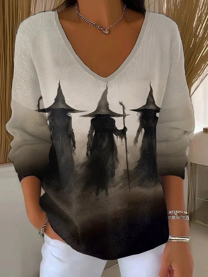 Three Witches Silhouette Spooky V-Neck Long Sleeve Shirt Halloween Themed Clothing Gift - Merchluma