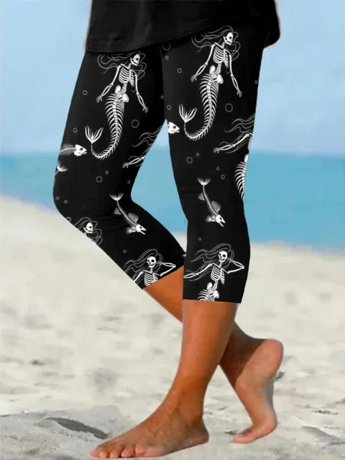 Womens Retro Halloween Skull Mermaid Leggings Skeleton Bones Clothing Best Gifts For Her - Merchluma