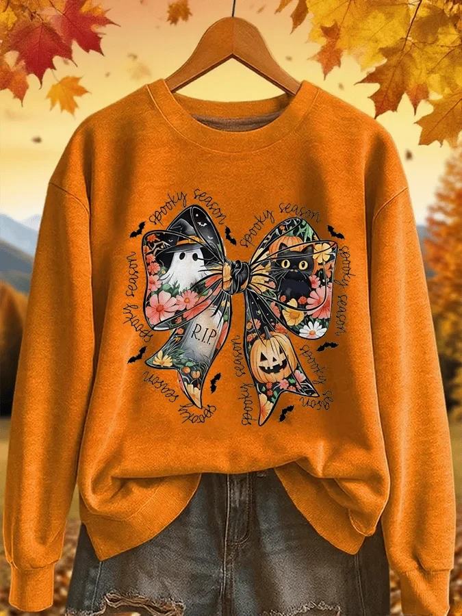 Halloween Bow Pumpkin Sweatshirt Scared Halloween Cats Pumpkin Patch Clothes Gift Ideas - Merchluma