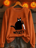 Halloween Black Cat What Warm Sweatshirt Black Cat Holding Knife Spooky Merch Gifts For Fans - Merchluma