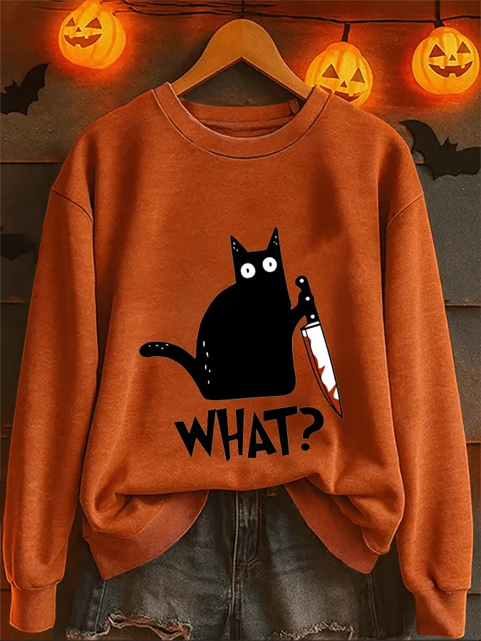 Halloween Black Cat What Warm Sweatshirt Black Cat Holding Knife Spooky Merch Gifts For Fans - Merchluma