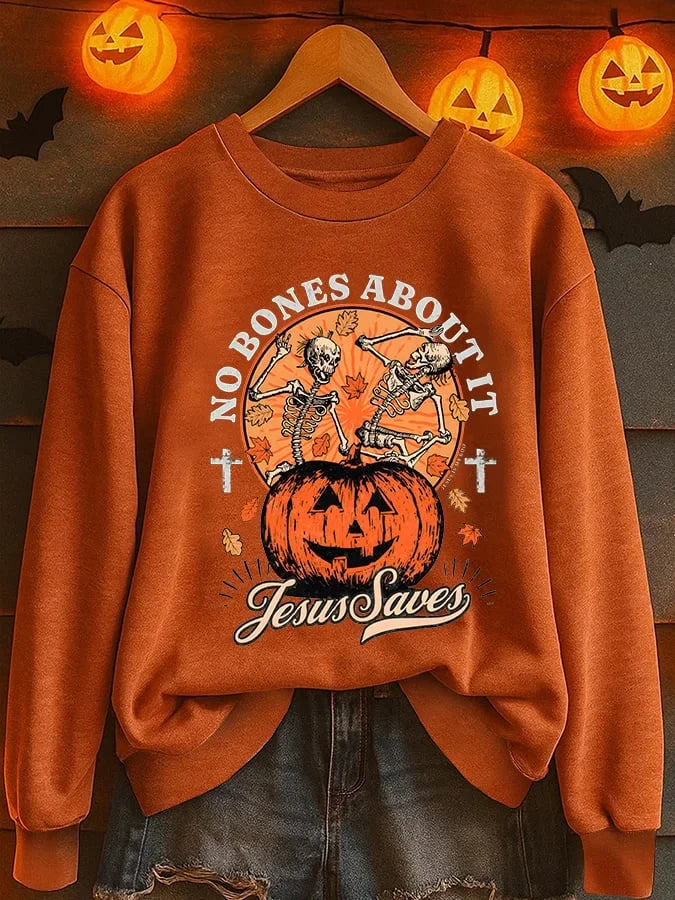 No Bones About It Skeleton Pumpkin Sweatshirt Funny Halloween Clothes Gift For Friends - Merchluma