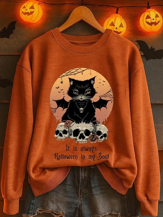 Vampire Kitten It Is Always Halloween In My Soul Sweatshirt Spooky Black Cat Wings Pumpkin Merch - Merchluma