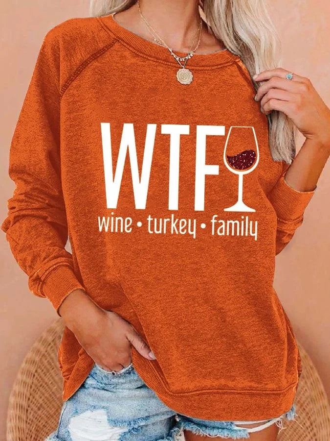 Wtf Wine Turkey Family Glitter Glass Sweatshirt Thanksgiving Clothing Gift For Holiday Parties - Merchluma