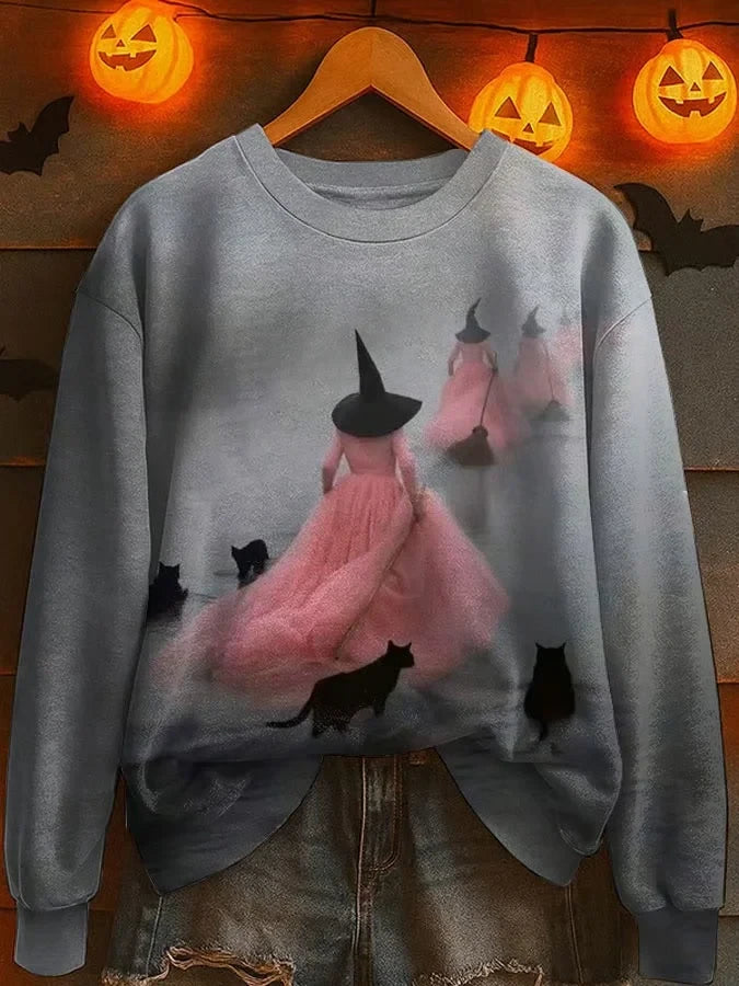 Halloween Sweatshirt Witch Flight Spooky Haunted Castle Clothing Birthday Presents - Merchluma