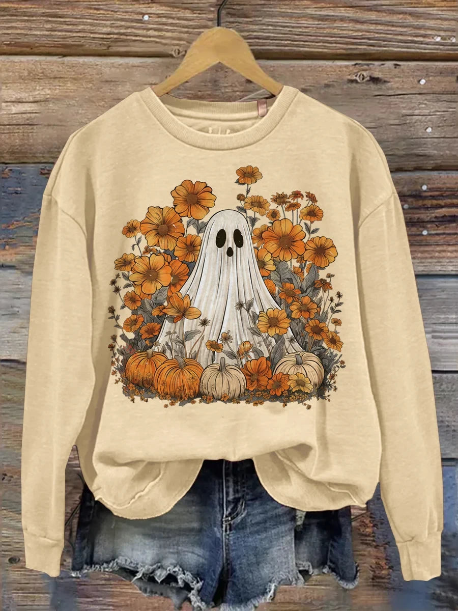 Ghost Pumpkin Sweatshirt Cute Ghost Pumpkin Patch Floral Clothes Birthday Ideas For Her - Merchluma