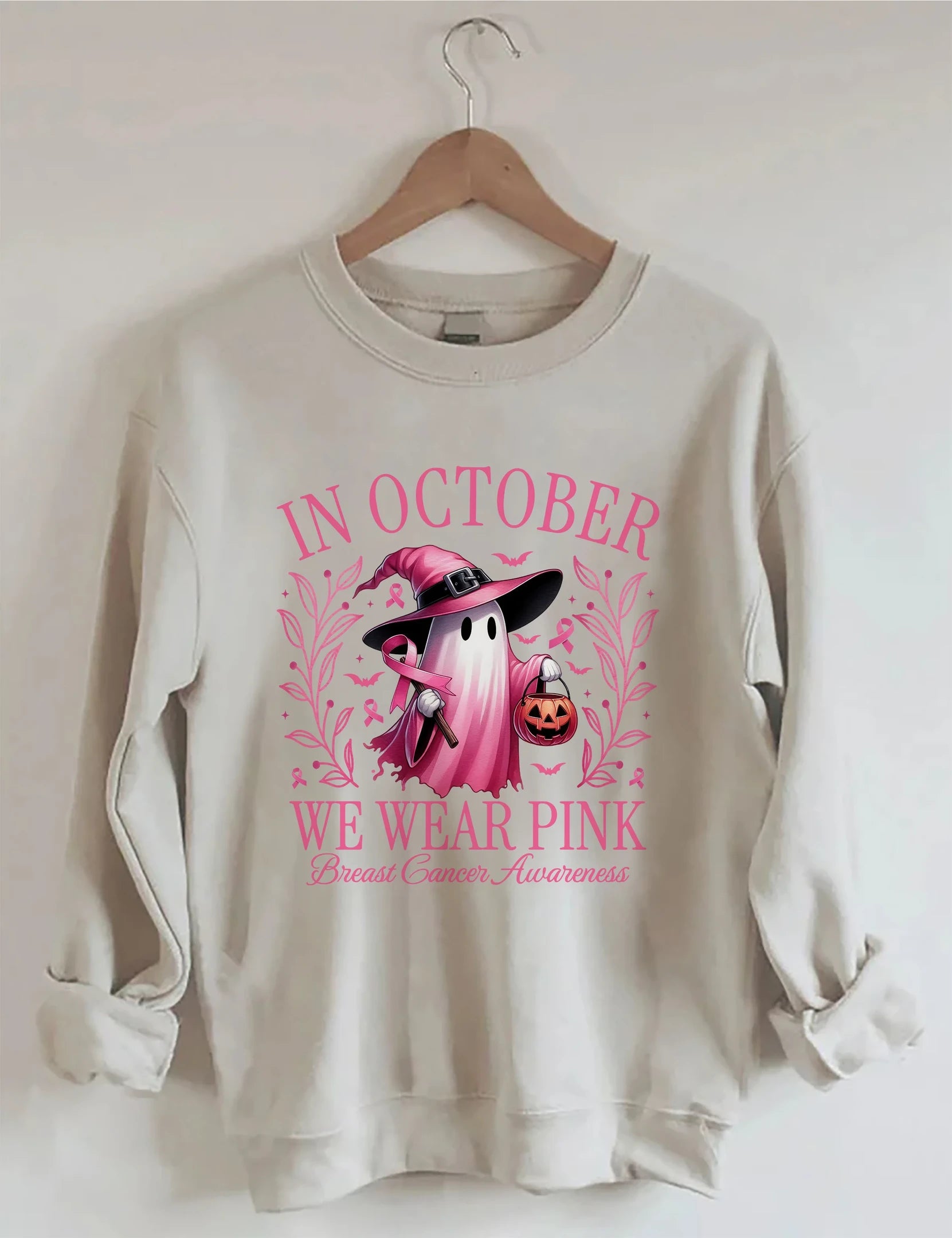 In October We Wear Pink Sweatshirt Halloween Womens Clothing Gift For Support Awareness - Merchluma