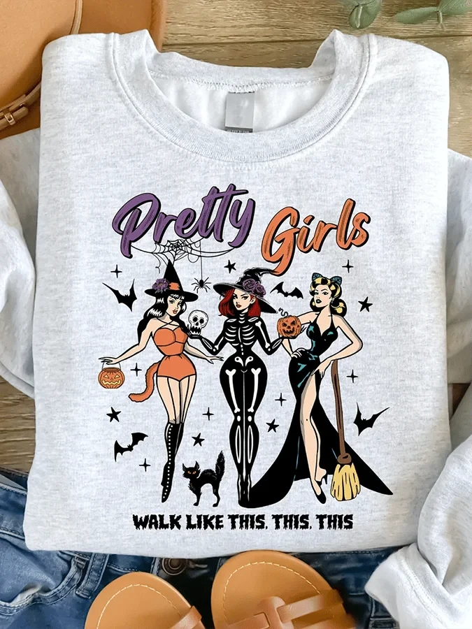 Pretty Girls Wear Black Spooky Witches Sweatshirt Cute Halloween Clothing Gift For Besties - Merchluma