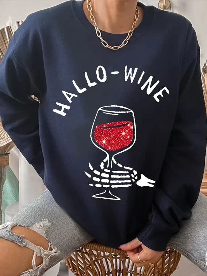 Hallo-Wine Red Wine Skeleton Sweatshirt Funny Halloween Shirts Gift For Wine Lovers - Merchluma