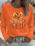 Autumn Sequin Pumpkin Long Sleeve T-Shirt Thanksgiving Apparel Gift Ideas For Mom - Merchluma